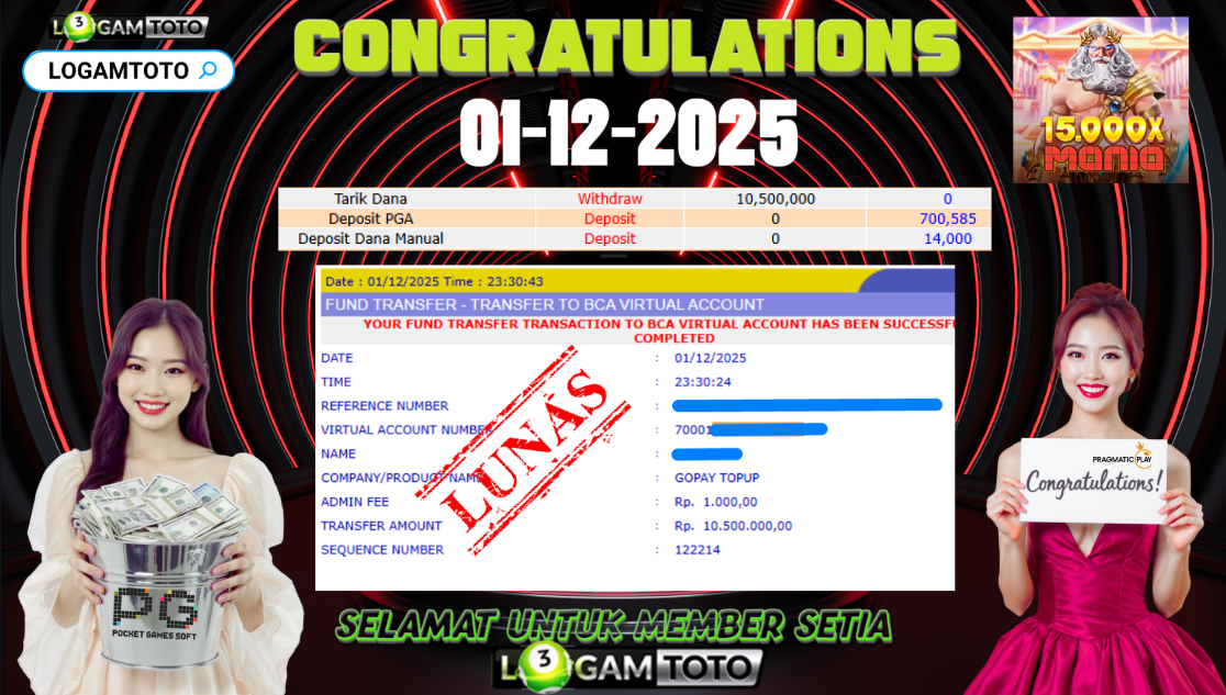 SELAMAT KEPADA MEMBER SETIA LOGAMTOTO BERHASIL JACKPOT DI PERMAINAN SLOT 15.000X MANIA