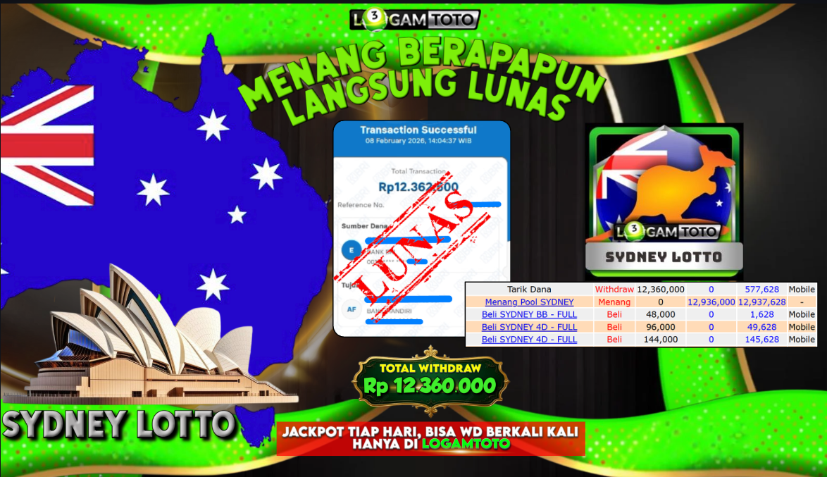 SELAMAT KEPADA MEMBER SETIA LOGAMTOTO BERHASIL JACKPOT 12.360.000 di TOGEL SYDNEY LOTTO