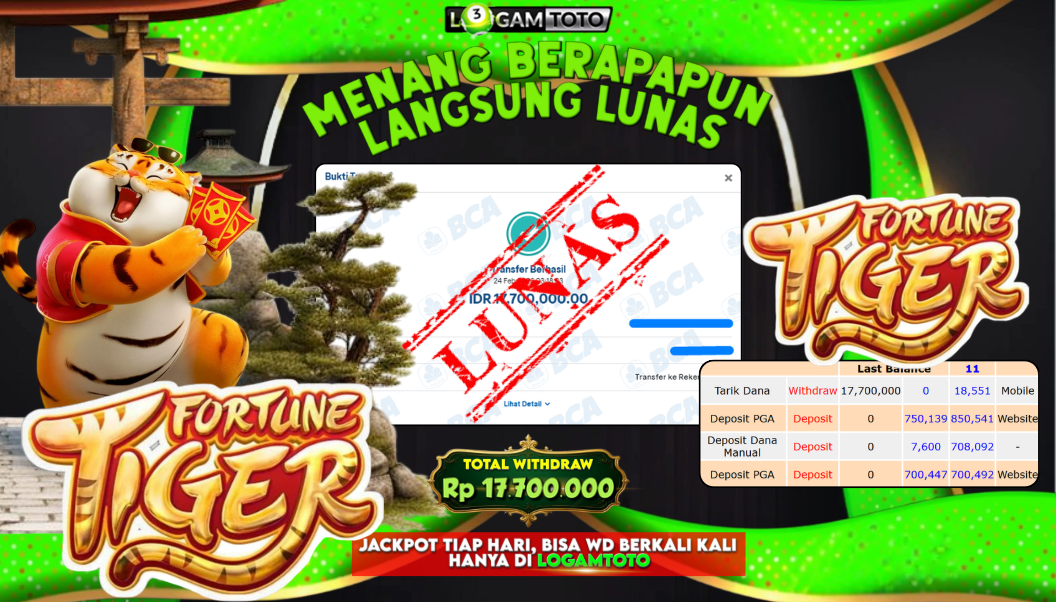 SELAMAT KEPADA MEMBER SETIA LOGAMTOTO BERHASIL JACKPOT 17.700.000 di SLOT FORTUNE TIGER