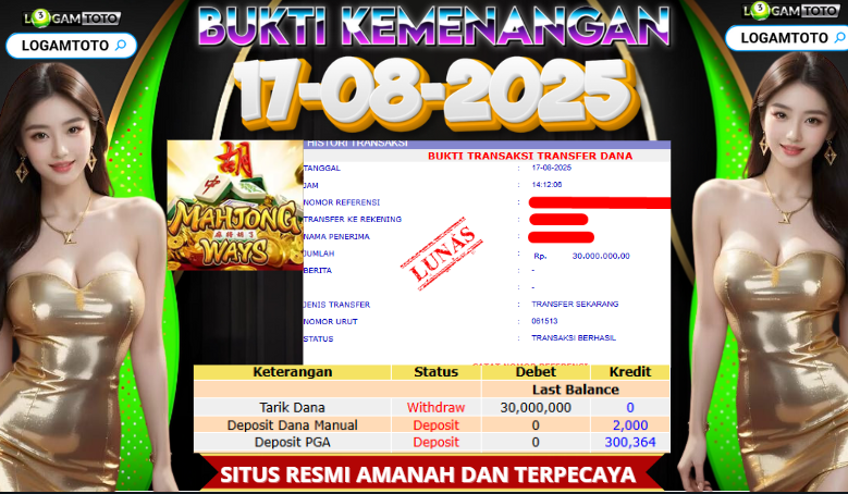 SELAMAT KEPADA MEMBER SETIA LOGAMTOTO BERHASIL JACKPOT DI PERMAINAN SLOT MAHJONG WAYS