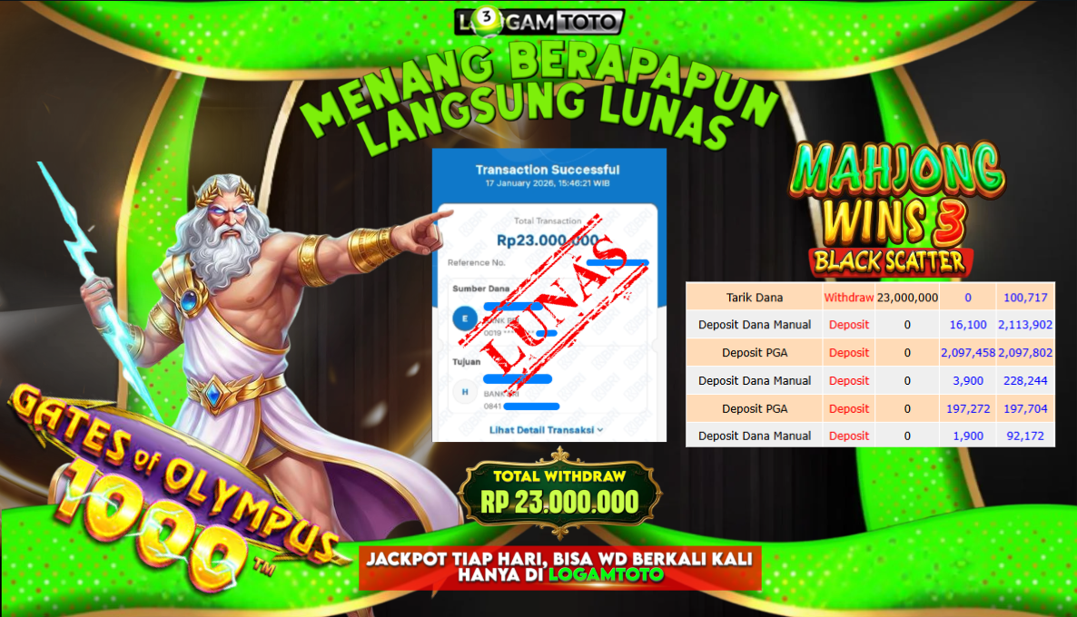 SELAMAT KEPADA MEMBER SETIA LOGAMTOTO BERHASIL JACKPOT 23.000.000 di MAHJONG WINS 3 BLACKSCATTER