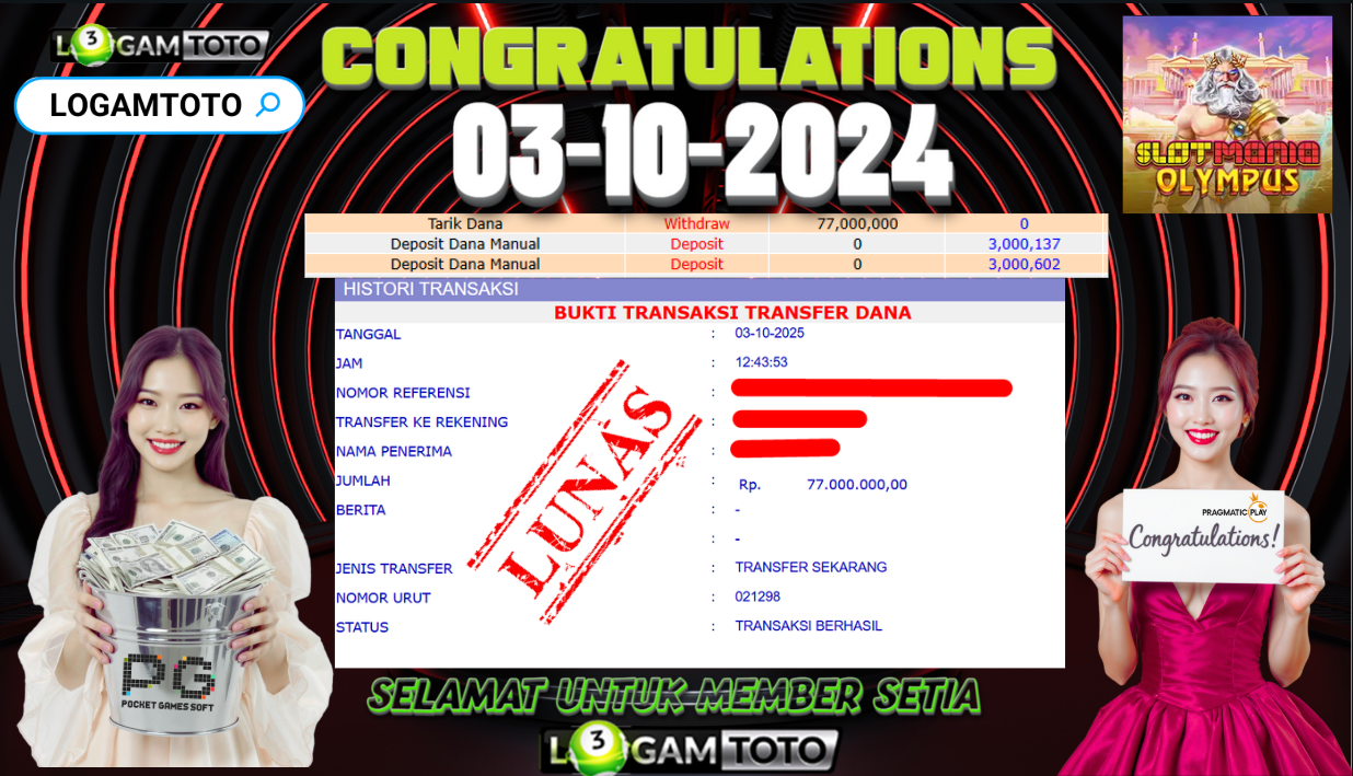 SELAMAT KEPADA MEMBER SETIA LOGAMTOTO BERHASIL JACKPOT DI PERMAINAN SLOT MANIA OLYMPUS