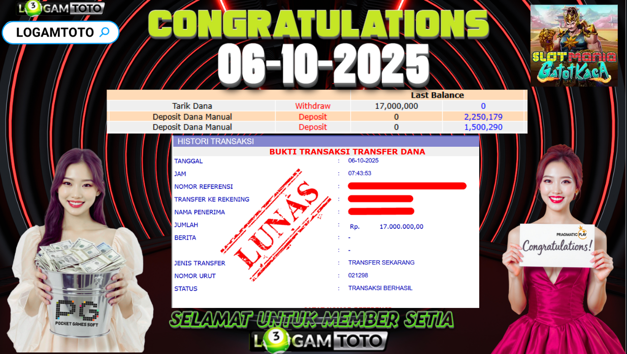 SELAMAT KEPADA MEMBER SETIA LOGAMTOTO BERHASIL JACKPOT DI PERMAINAN SLOT MANIA GATOT KACA