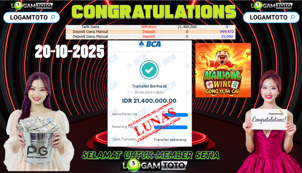 SELAMAT KEPADA MEMBER SETIA LOGAMTOTO BERHASIL JACKPOT DI PERMAINAN SLOT MAHJONG WINS GONG XI FA CAI