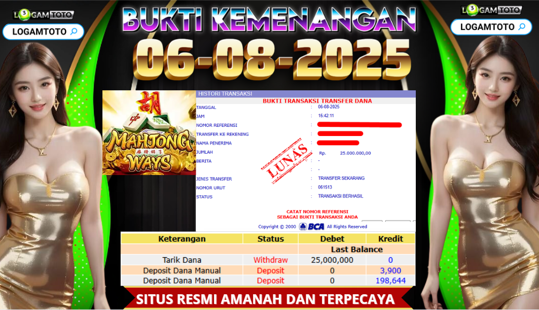 SELAMAT KEPADA MEMBER SETIA LOGAMTOTO BERHASIL JACKPOT DI PERMAINAN SLOT MAHJONG WAYS