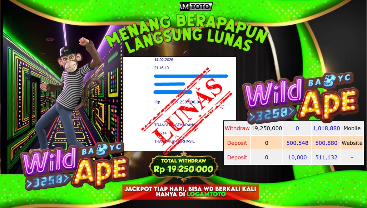 SELAMAT KEPADA MEMBER SETIA LOGAMTOTO MENDAPATKAN MEGA JACKPOT 19.250.000 DI WILD APE 3258
