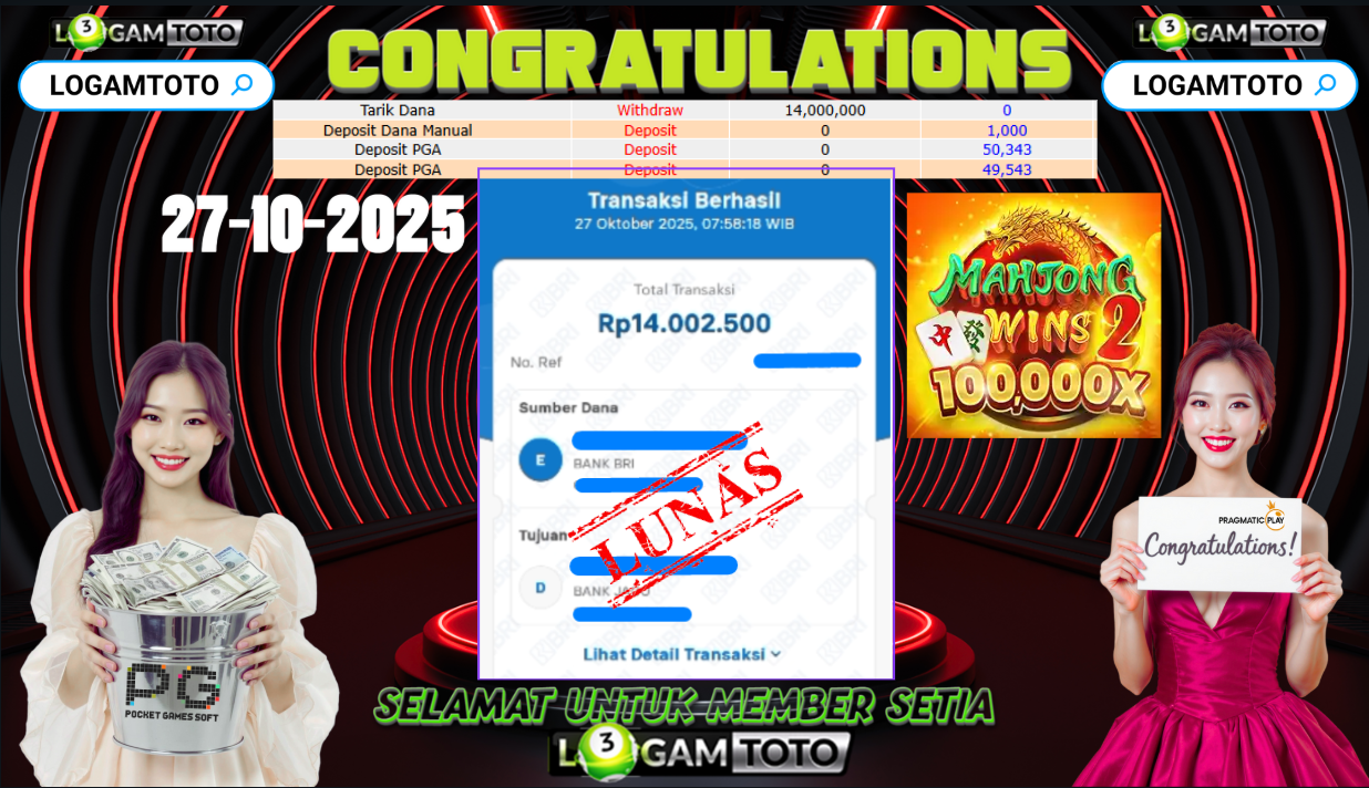 SELAMAT KEPADA MEMBER SETIA LOGAMTOTO BERHASIL JACKPOT DI PERMAINAN SLOT MAHJONG WINS 2 100,000X
