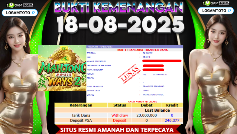 SELAMAT KEPADA MEMBER SETIA LOGAMTOTO BERHASIL JACKPOT DI PERMAINAN SLOT MAHJONG WAYS 2