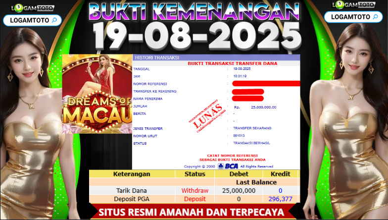 SELAMAT KEPADA MEMBER SETIA LOGAMTOTO BERHASIL JACKPOT DI PERMAINAN SLOT DREAMS OF MACAU