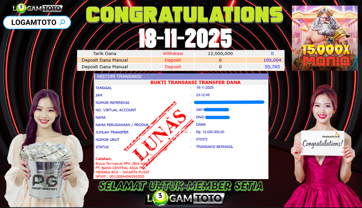 SELAMAT KEPADA MEMBER SETIA LOGAMTOTO BERHASIL JACKPOT DI PERMAINAN SLOT 15.000X MANIA