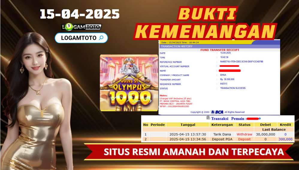 SELAMAT KEPADA MEMBER SETIA LOGAMTOTO BERHASIL JACKPOT DI PERMAINAN SLOT GATES OF OLYMPUS 1000