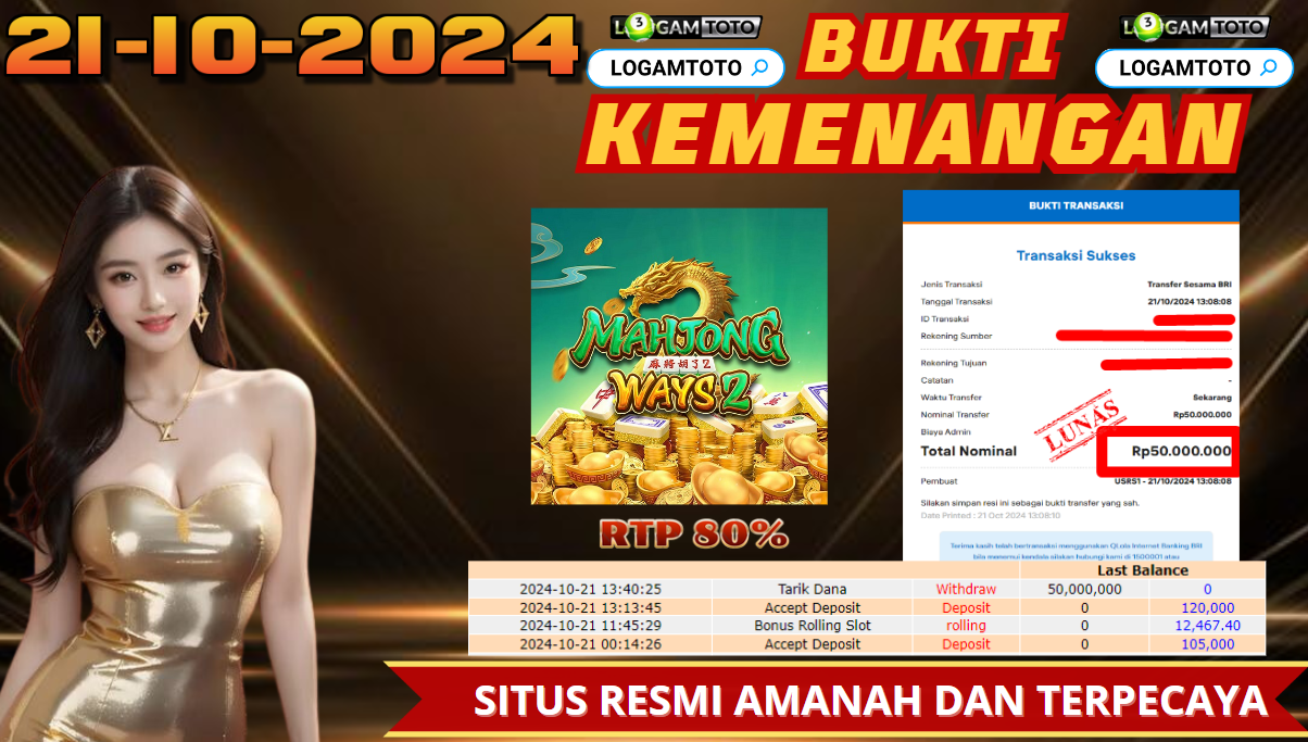 SELAMAT KEPADA MEMBER SETIA LOGAMTOTO BERHASIL JACKPOT DI PERMAINAN SLOT MAHJONG WAYS 2